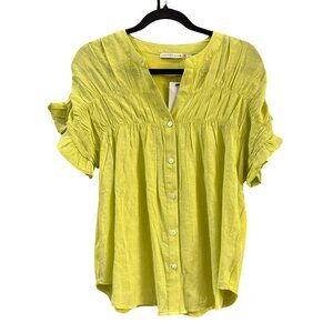 Notations Chartreuse Ruched Short Sleeve Blouse Size Medium V-Neck Top NWT